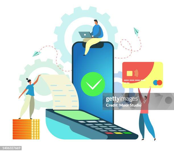 happy people paying online vector illustration. - contactless card payment stock illustrations