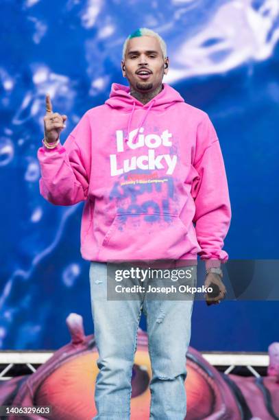 Chris brown performs at the main stage during Day 1 of Wireless Festival 2022 at Crystal Palace Park on July 01, 2022 in London, England.