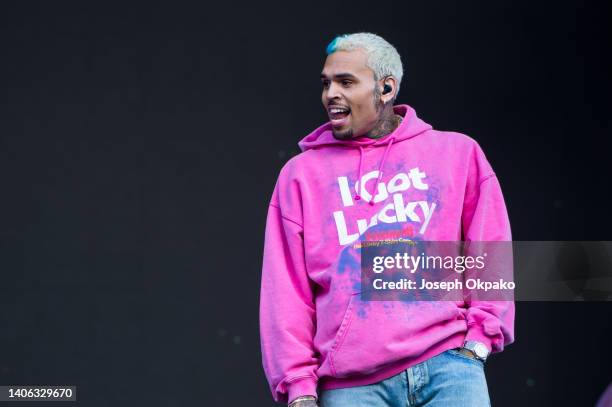 Chris brown performs at the main stage during Day 1 of Wireless Festival 2022 at Crystal Palace Park on July 01, 2022 in London, England.