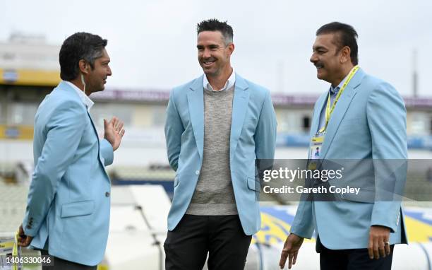 Sky Sports commentators Kevin Pietersen, Ravi Shastri and Kumar Sangakkara ahead of day two of Fifth LV= Insurance Test Match between England and...