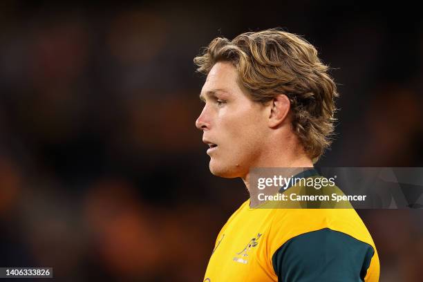 Michael Hooper of the Wallabies warms up during game one of the international test match series between the Australian Wallabies and England at Optus...