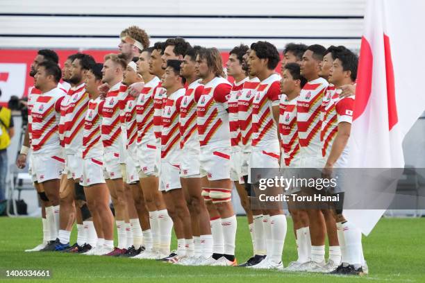 Players of Japan sing the national athem before the rugby international test match between Japan and France at Toyota Stadium on July 02, 2022 in...