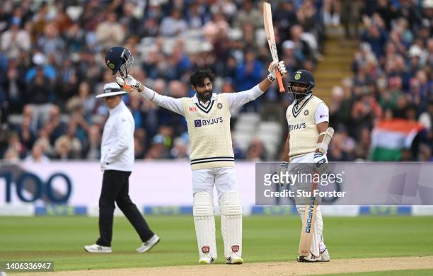 India batsman Ravindra Jadeja reaches his century during day two of the Fifth test match between England and India at Edgbaston on July 02, 2022 in...