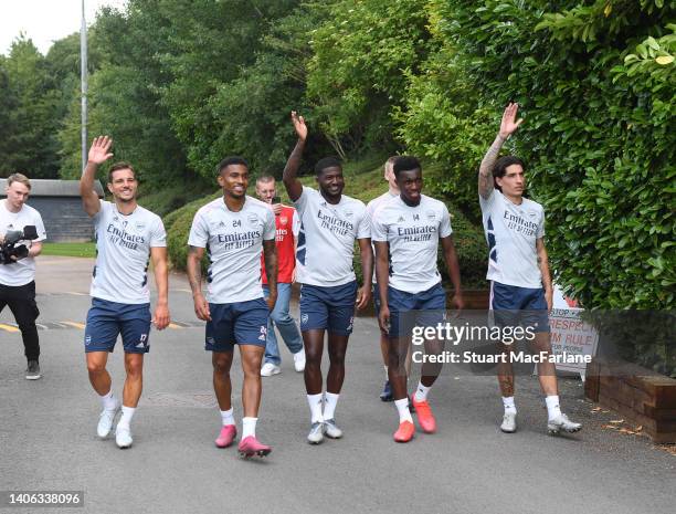 Arsenal players and staff wave off the Gay Gooners ahead of Price in London a training session at London Colney on July 01, 2022 in St Albans,...