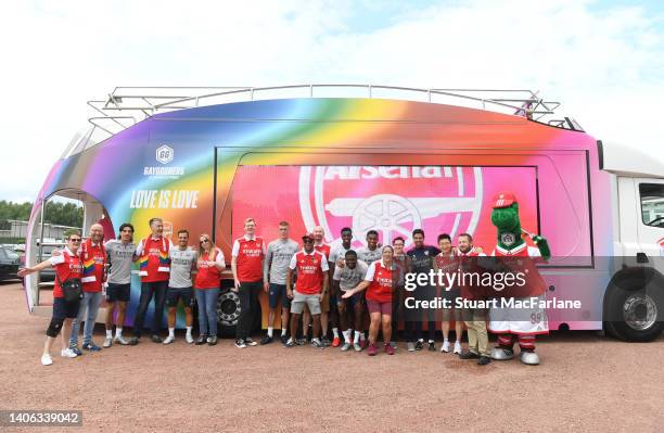 Arsenal players and staff wave off the Gay Gooners ahead of Price in London a training session at London Colney on July 01, 2022 in St Albans,...