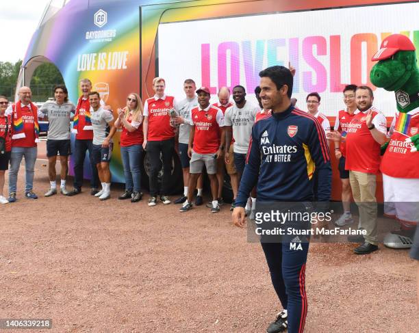 Arsenal players and staff wave off the Gay Gooners ahead of Price in London a training session at London Colney on July 01, 2022 in St Albans,...
