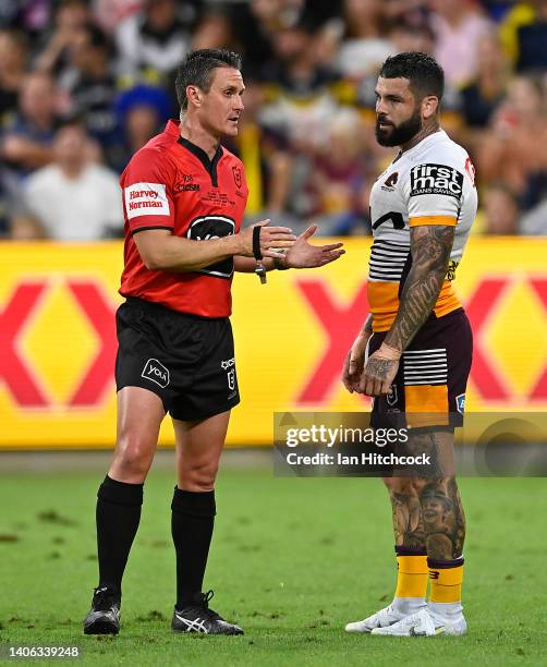 Adam Reynolds of the Broncos speaks with the referee during the round 16 NRL match between the North Queensland Cowboys and the Brisbane Broncos at...