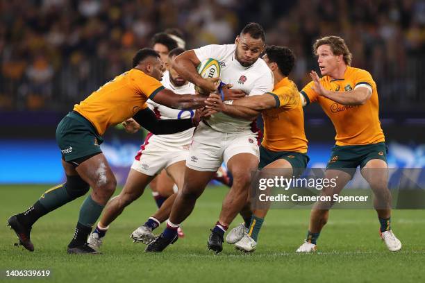 Billy Vunipola of England is tackledduring game one of the international test match series between the Australian Wallabies and England at Optus...