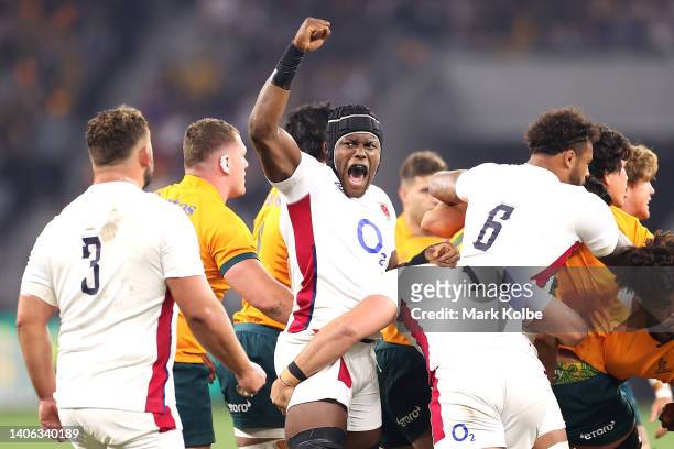 Maro Itoje of England cheers during game one of the international test match series between the Australian Wallabies and England at Optus Stadium on...