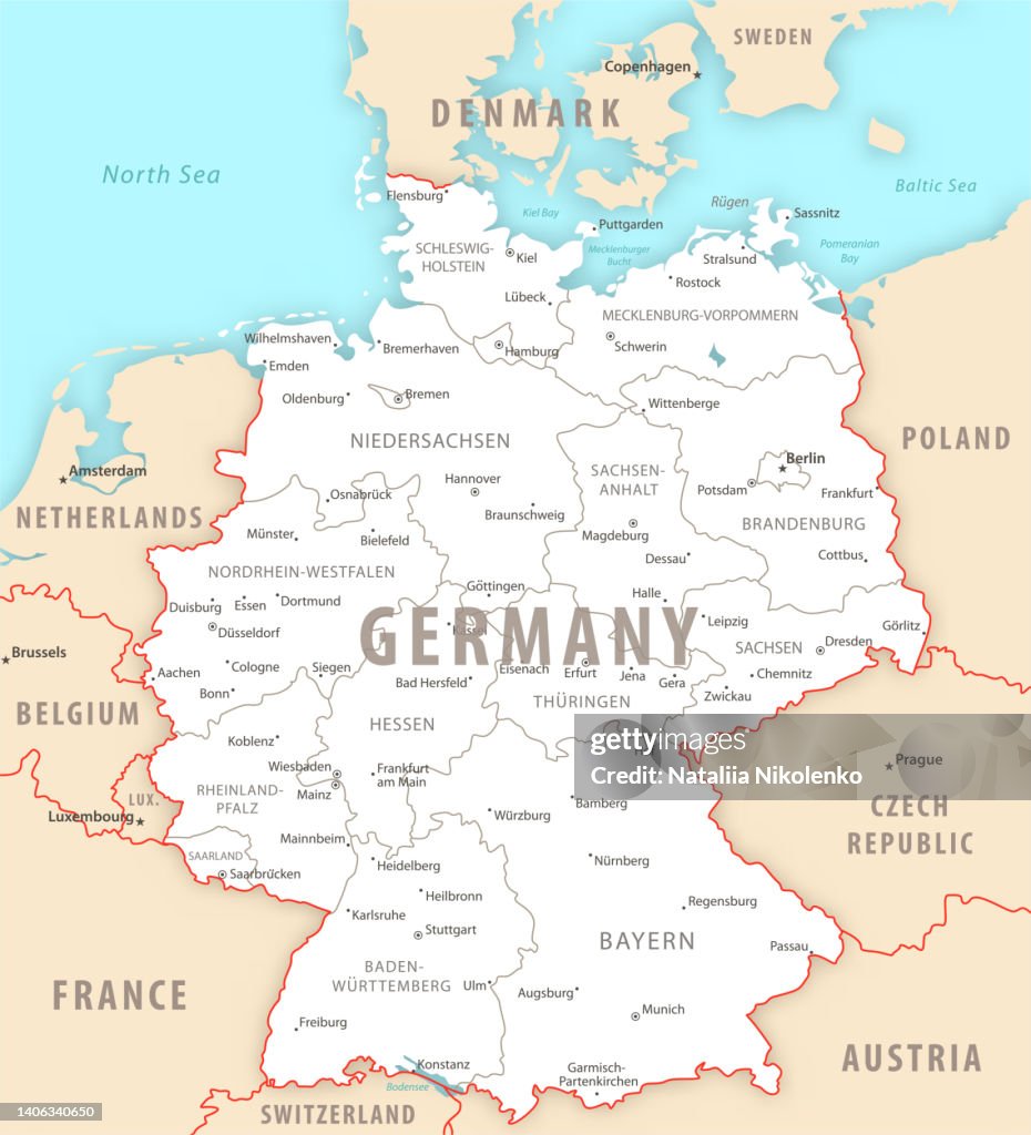 Deutschland detaillierte Karte mit Regionen und Städten des Landes.