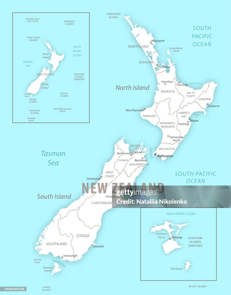 New Zealand detailed map with regions and cities of the country.