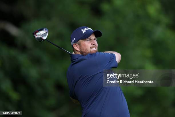 Shane Lowry of Ireland tee's off at the 13th during Day Three of the Horizon Irish Open at Mount Juliet Estate on July 02, 2022 in Thomastown,...