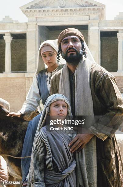 Pictured: Olivia Hussey as Mary, the mother of Jesus, Lorenzo Monet as Jesus aged 12 years, Yorgo Voyagis as Joseph -- Photo by: NBC/NBCU Photo Bank