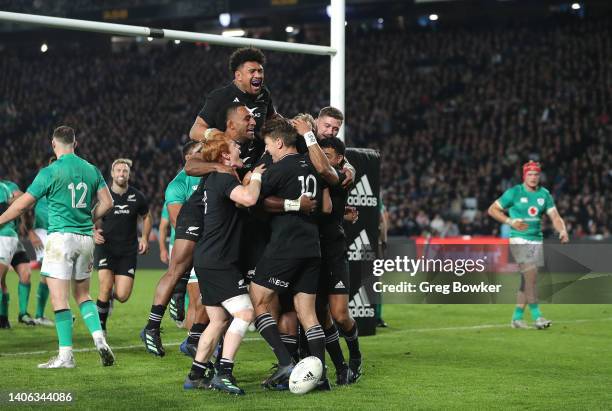 Pita Sowakula celebrates his try during the International test Match in the series between the New Zealand All Blacks and Ireland at Eden Park on...