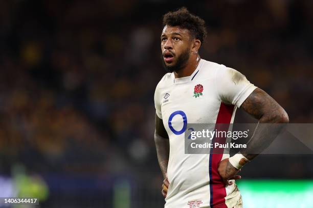 Courtney Lawes of England looks on during game one of the international test match series between the Australian Wallabies and England at Optus...
