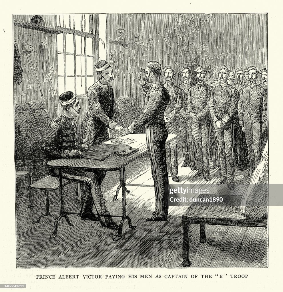 Prince Albert Victor paying his men, 9th Queen's Royal Lancers, York, 1888, 19th Century