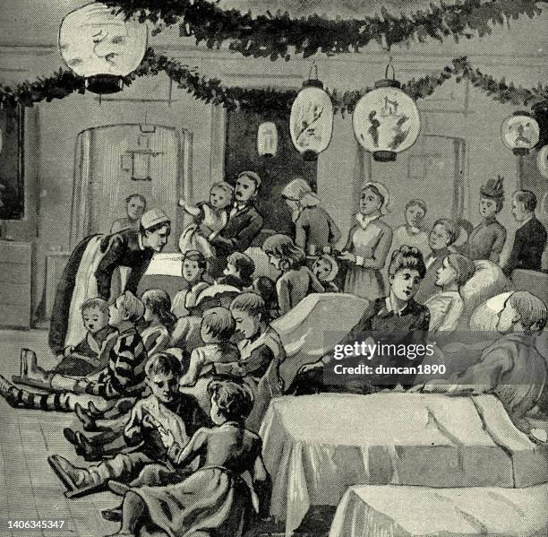 nurses and patients in a childrens hospital, victorian healthcare, 19th century - hospital ward stock illustrations