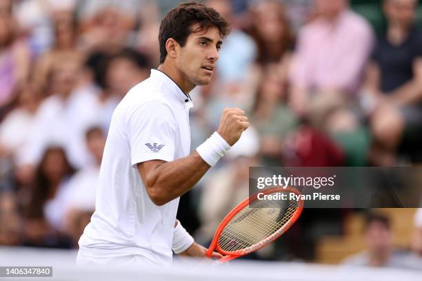 Cristian Garin of Chile celebrates against Jenson Brooksby of United States during their Men's Singles Third Round match on day six of The...