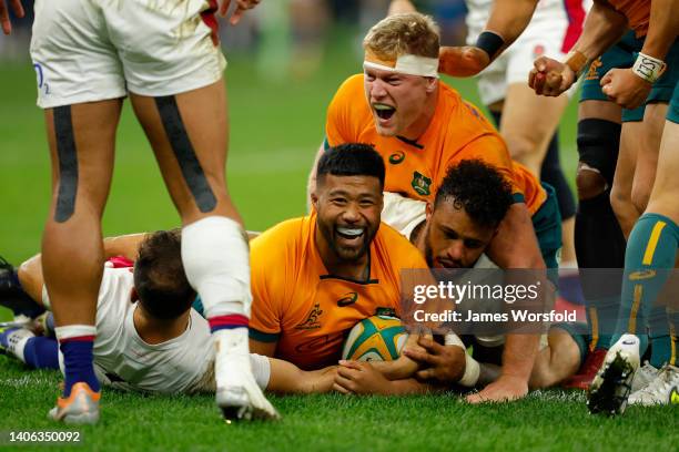 Folau Fainga’a of the Wallabies celebrates his try during game one of the international test match series between the Australian Wallabies and...