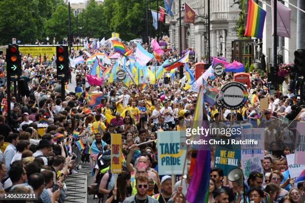 General view during Pride in London 2022: The 50th Anniversary - Parade on July 02, 2022 in London, England.