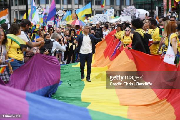 Major of London Sadiq Khan attends Pride in London 2022: The 50th Anniversary - Parade on July 02, 2022 in London, England.