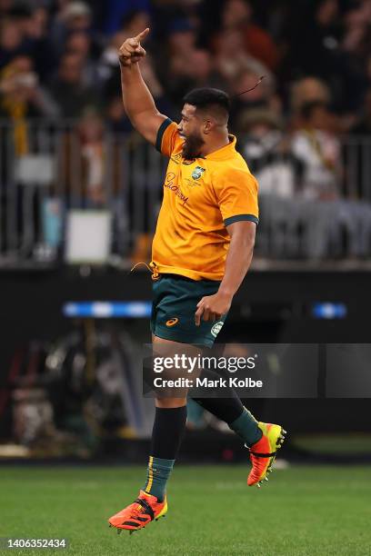 Folau Fainga'a of the Wallabies celebrates after Pete Samu of the Wallabies scored a try during game one of the international test match series...