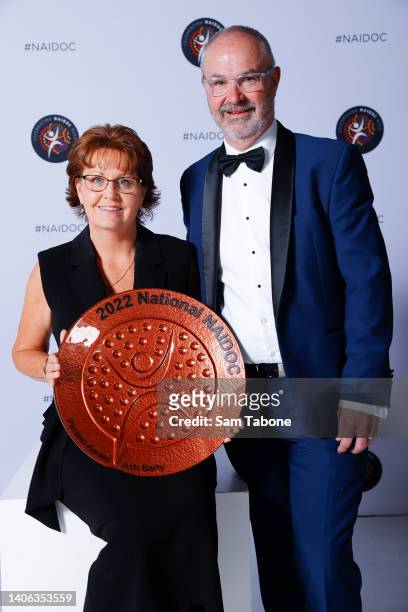 Josie and Robert Barty accept the award on behalf of Ash Barty for Person of the Year at the 2022 National NAIDOC Week Awards at The Melbourne...