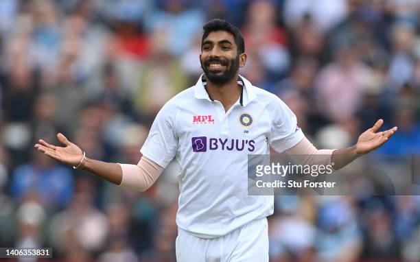 India bowler Jasprit Bumrah celebrates after taking the wicket of Zak Crawley during day two of the Fifth test match between England and India at...
