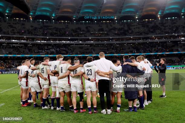 Owen Farrell of England speaks to the huddle after the teams defeat during game one of the international test match series between the Australian...