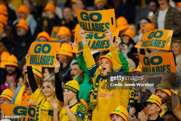 Wallabies fans celebrate a try during game one of the international test match series between the Australian Wallabies and England at Optus Stadium...