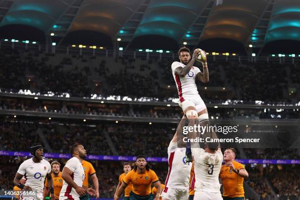 Courtney Lawes of England takes a lineout ball during game one of the international test match series between the Australian Wallabies and England at...