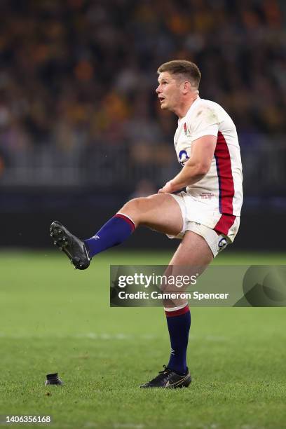 Owen Farrell of England kicks a conversion during game one of the international test match series between the Australian Wallabies and England at...