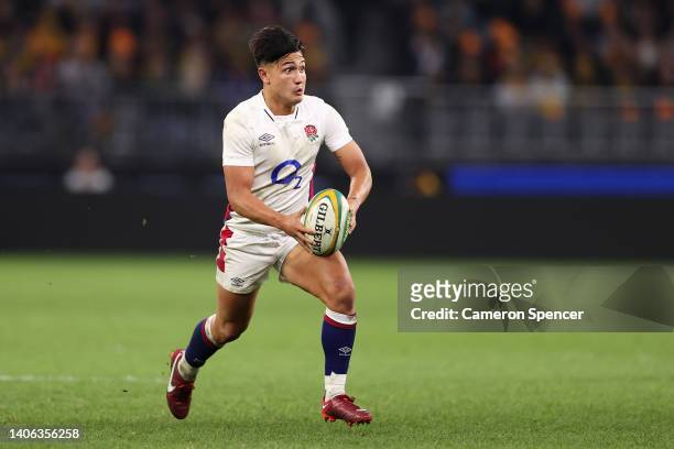 Marcus Smith of England runs the ball during game one of the international test match series between the Australian Wallabies and England at Optus...