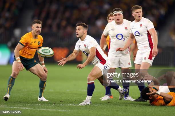 Danny Care of England passes during game one of the international test match series between the Australian Wallabies and England at Optus Stadium on...