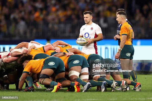 Danny Care of England prepares to feed a scrum during game one of the international test match series between the Australian Wallabies and England at...