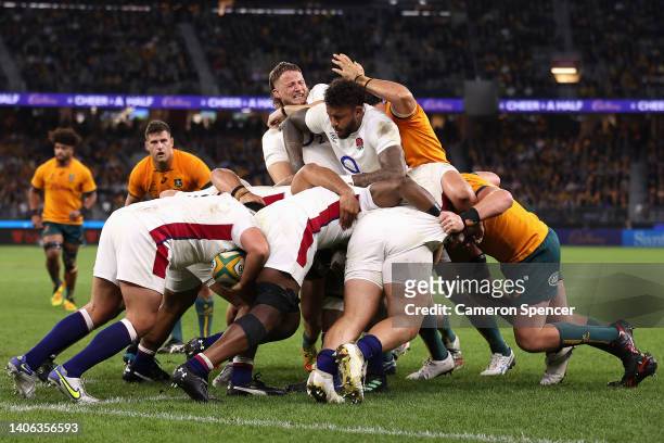 Courtney Lawes of England controls a maul during game one of the international test match series between the Australian Wallabies and England at...