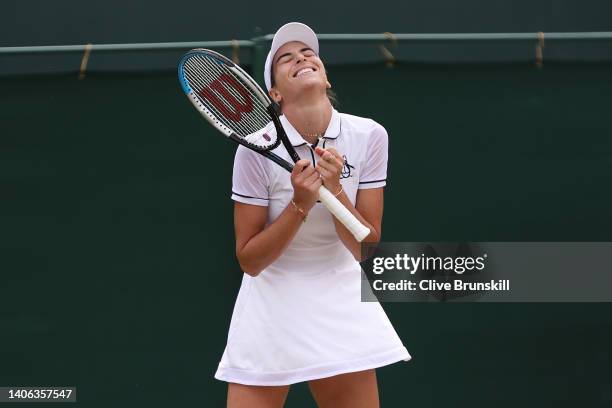 Ajla Tomljanovic of Australia celebrates winning match point against Barbora Krejcikova of Czech Republic during their Women's Singles Third Round...