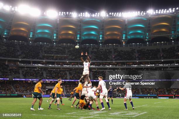 Maro Itoje of England takes a lineout ball during game one of the international test match series between the Australian Wallabies and England at...