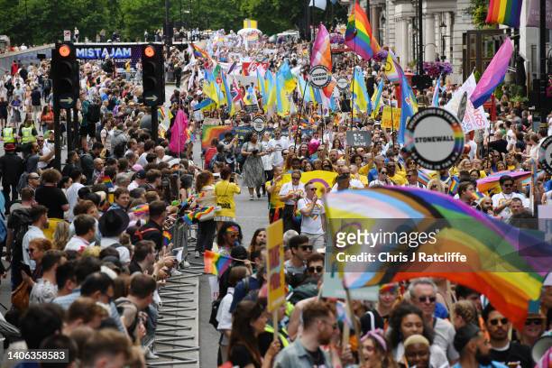 General view at Pride in London 2022: The 50th Anniversary - Parade on July 02, 2022 in London, England.