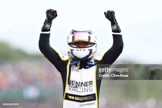 Race winner Jamie Chadwick of Great Britain and Jenner Racing celebrates in parc ferme during the W Series Round 3 race at Silverstone on July 02,...