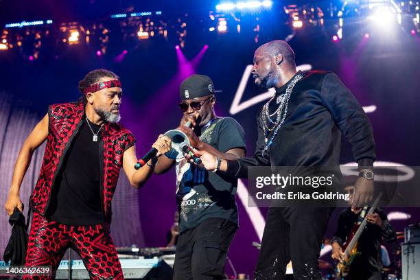 Machel Montano and Wyclef Jean perform during the 2022 Essence Festival of Culture at the Louisiana Superdome on July 01, 2022 in New Orleans,...