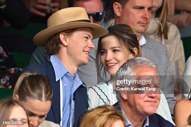 Thomas Brodie-Sangster and Talulah Riley attend Day Six of Wimbledon 2022 at All England Lawn Tennis and Croquet Club on July 02, 2022 in London,...