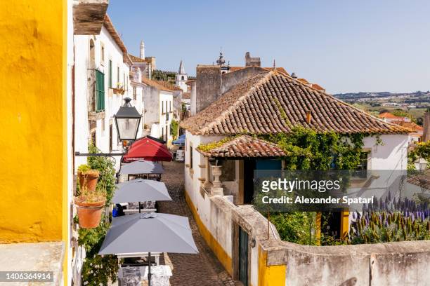 high angle view of old cobbled street in obidos village, portugal - leiria district bildbanksfoton och bilder