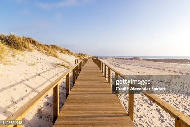 boardwalk footpath along the ocean in costa nova, aveiro, portugal - ponte pedonale foto e immagini stock