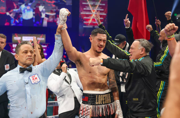 Jai Opetaia celebrates during the IBF cruiserweight title fight between Jai Opetaia and Mairis Briedis at Gold Coast Convention and Exhibition Centre...