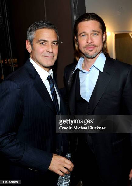 Actors Brad Pitt and George Clooney attend the one-night reading of "8" presented by The American Foundation For Equal Rights & Broadway Impact at...