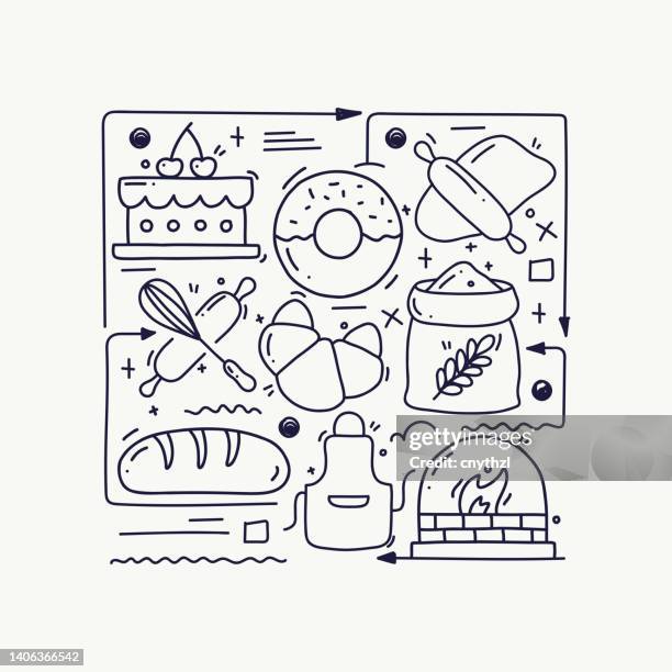 bakery related doodle illustration. hand drawn symbols, doodle sketch vector - product owner stock illustrations