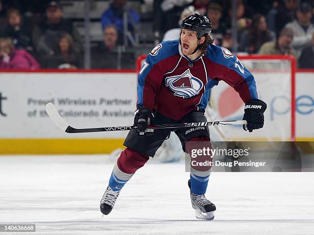 Steve Downie of the Colorado Avalanche skates against the Pittsburgh Penguins at the Pepsi Center on March 3, 2012 in Denver, Colorado. The Penguins...