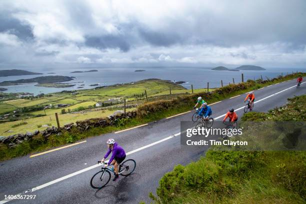 Cyclists enjoy the spectacular scenery of the Wild Atlantic Way on the Iveragh Peninsula in County Kerry as 8000 cyclists take part in the 175 KM...