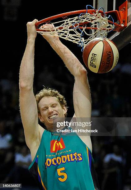 Luke Schenscher of the Crocodiles scores a basket during the round 22 NBL match between the Townsville Crocodiles and the Melbourne Tigers at...